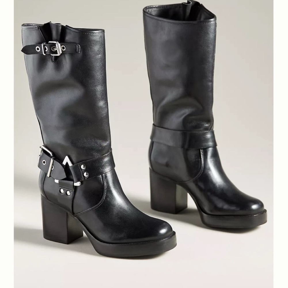 Schutz Kiara Black Leather Moto Boots Sz. 8 NWOB